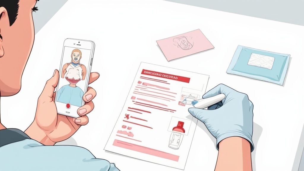 A person holds a phone showing a dissected doll, while a gloved hand marks a medical document.