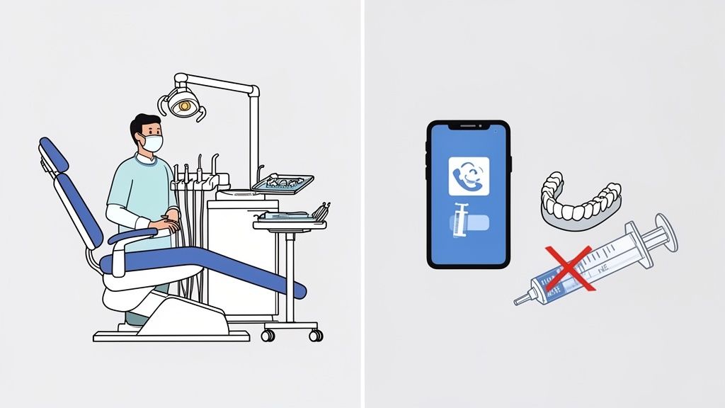 An illustration contrasting a dentist in a clinic with a smartphone app, aligners, and no injections.