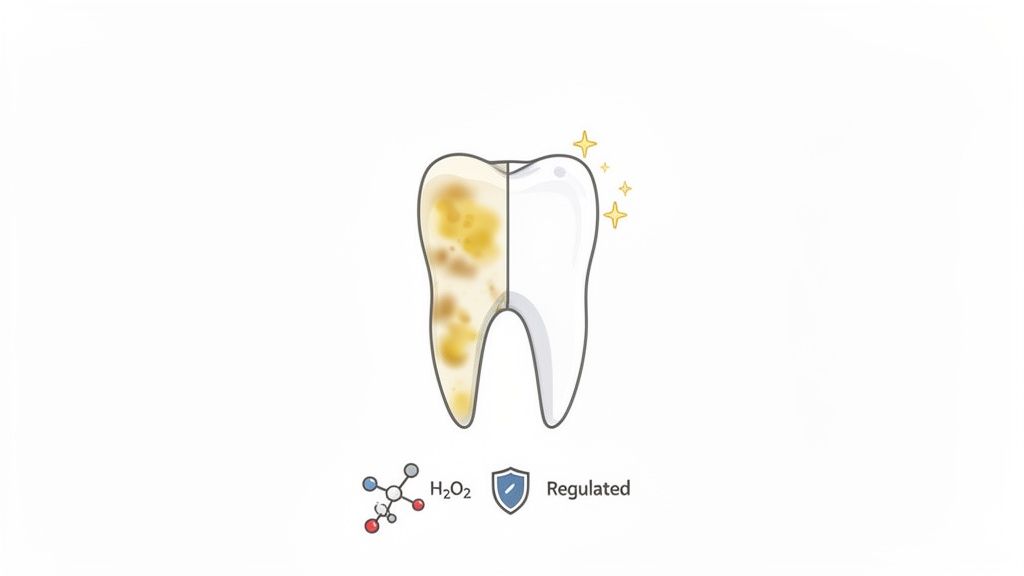 A visual comparison of a stained yellow tooth and a sparkling white tooth, highlighting the effect of H2O2 and regulation.