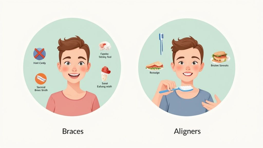 Illustration showing differences in food and oral hygiene for individuals with traditional braces versus clear aligners.