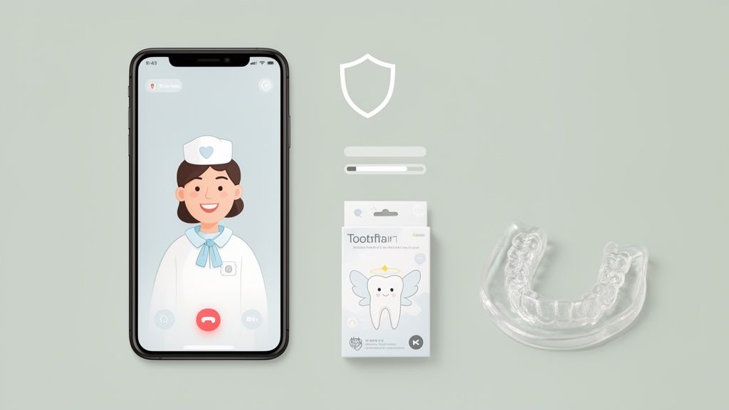 A smartphone with a cartoon nurse on a video call, a Toothfit product box, and a clear dental aligner.