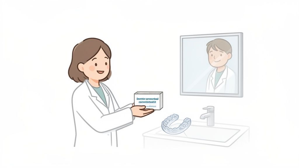 A friendly female dentist holds a prescribed box next to a sink with a dental aligner.