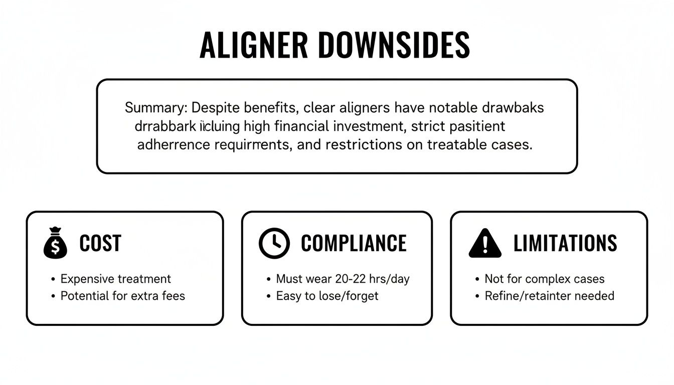 An infographic outlining the downsides of clear aligners, including cost, compliance, and treatment limitations.