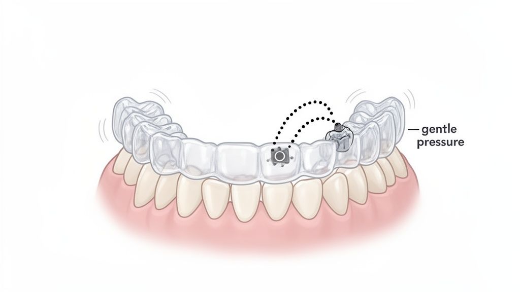 Illustration of a clear dental aligner on upper teeth with pressure sensors, depicting gentle tooth movement.