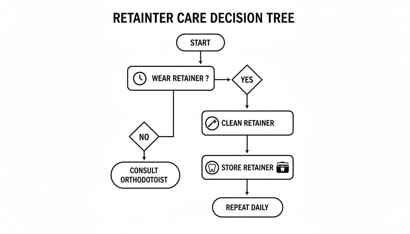 Flowchart illustrating the decision steps for daily removable retainer care, from wearing to cleaning and storage.