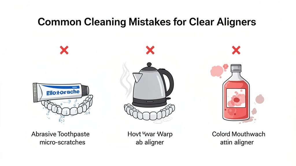 Illustration showing common cleaning mistakes for clear aligners: abrasive toothpaste, hot water, and colored mouthwash.