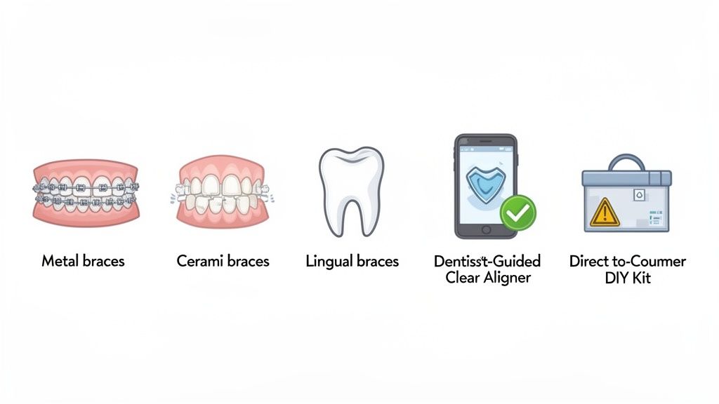 Illustration showing five teeth alignment options: metal, ceramic, lingual braces, dentist-guided aligner, and DIY kit.