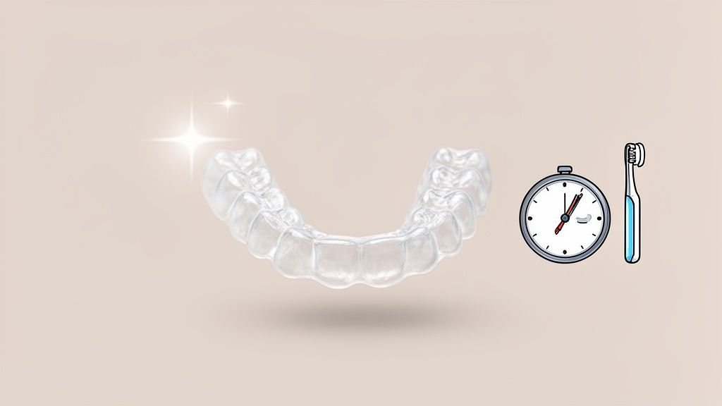 A sparkling clear dental aligner, a timer, and a toothbrush on a light background.