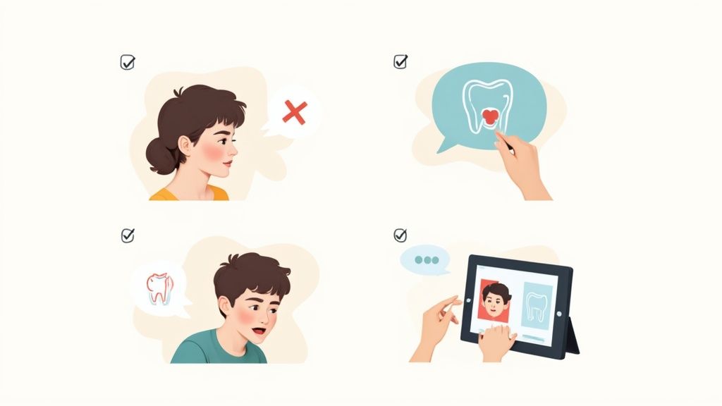 Four illustrations showing dental consultation process including patient communication and digital tooth examination