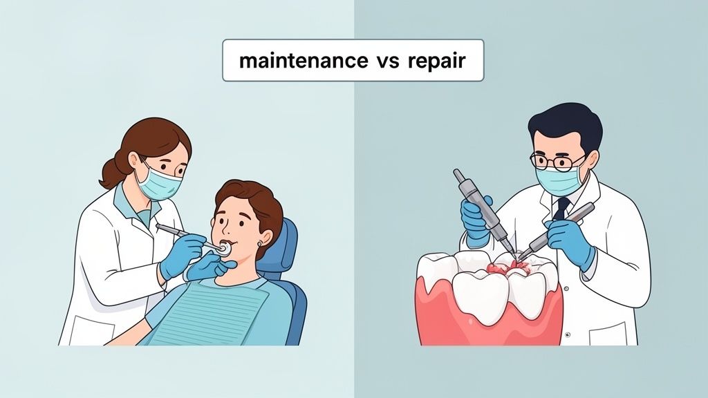 Illustration contrasting dental maintenance (check-up) with repair (filling procedure) performed by dentists.