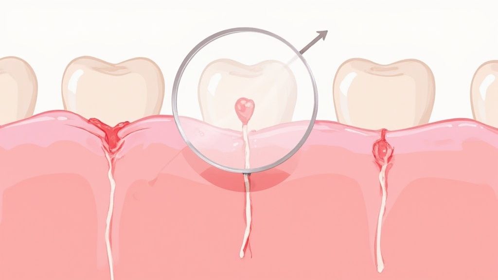 Dental illustration showing healthy gum tissue around teeth with magnified view of gum infection
