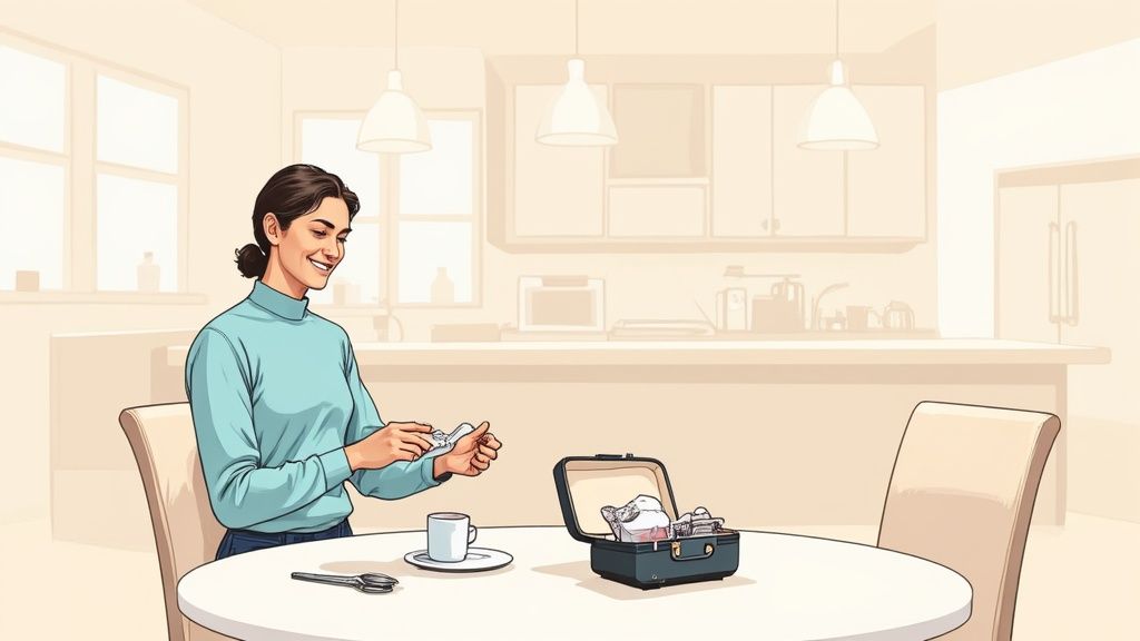 A happy woman at a kitchen table, holding clear aligners, with a case open.