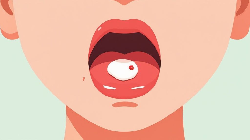 Close-up of a person's mouth showing a canker sore on the inner lip