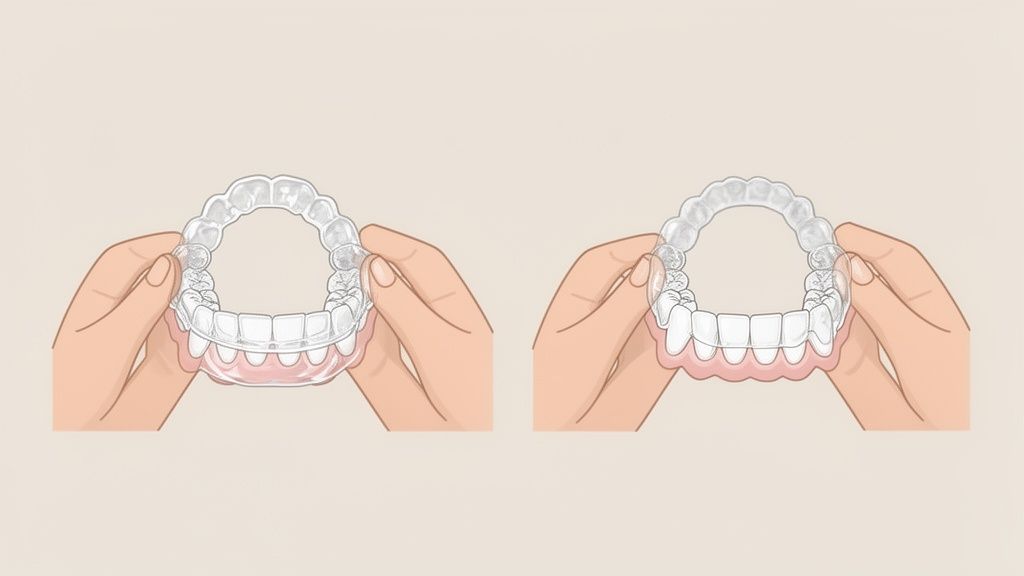 Illustration of hands holding clear aligners above lower teeth models, demonstrating usage.