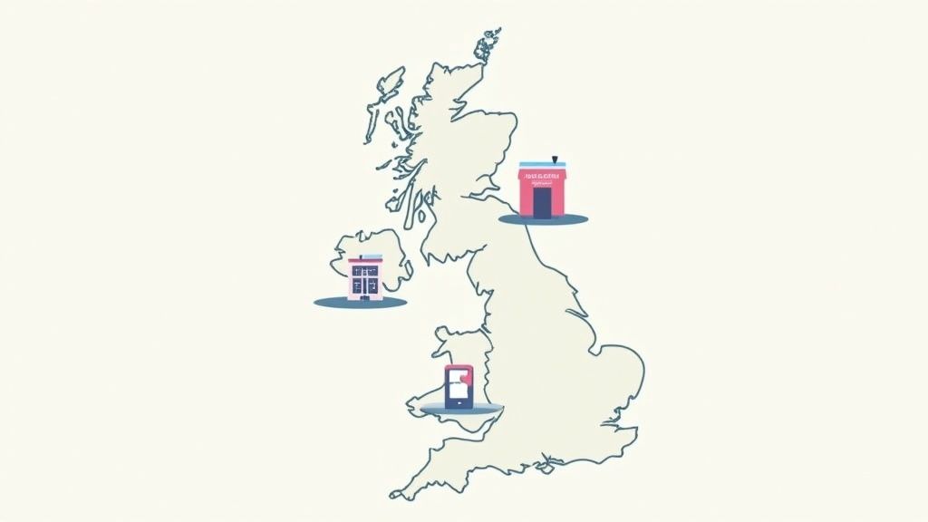 Map of the UK with icons representing various locations for food, services, and mobile access.