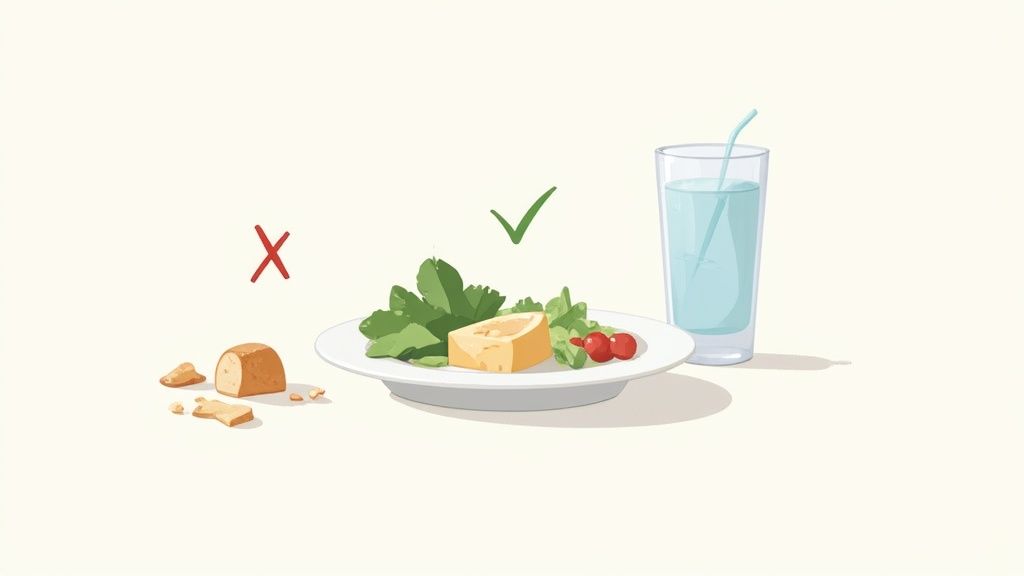 Healthy eating choices showing fresh vegetables and cheese with checkmark versus bread with X mark