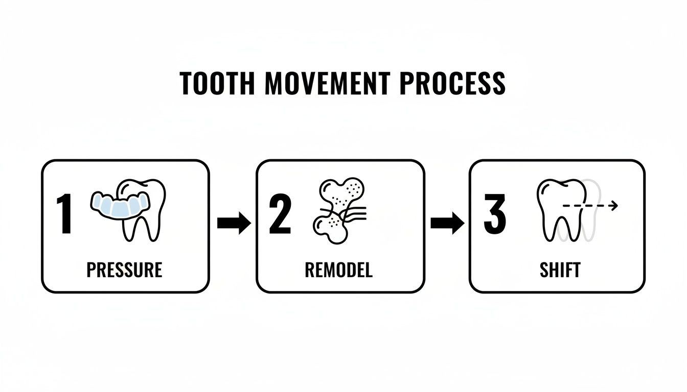 An infographic illustrating the three-step tooth movement process: pressure, remodel, and shift.