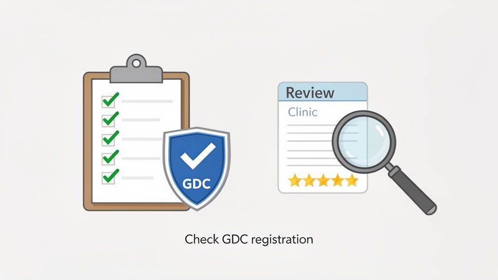 Illustration of checking GDC registration, featuring a checklist, GDC shield, and clinic review.