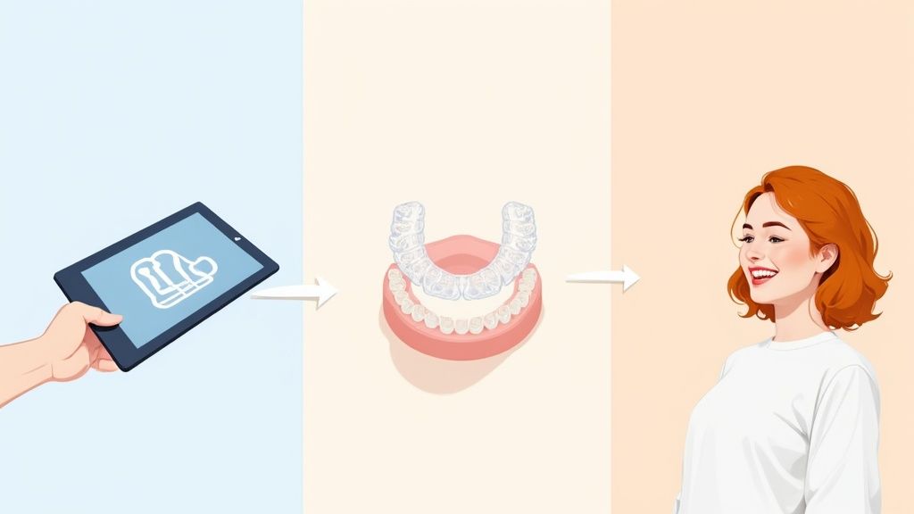 Illustration shows digital teeth scanning, followed by clear aligners, leading to a woman with a happy smile.