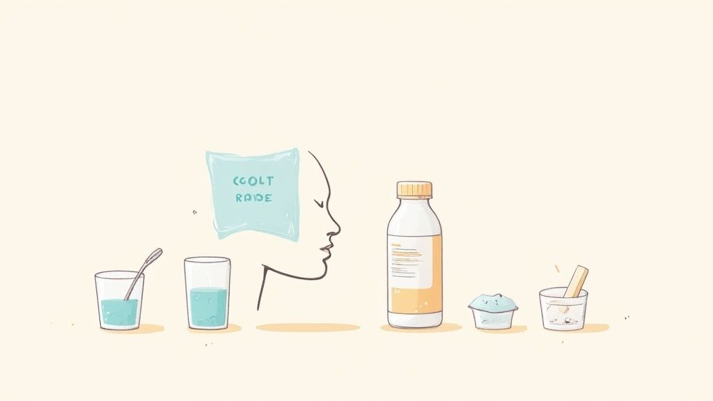 An illustration of various home remedies and items for toothache relief, including a cold pack, water, and medicine.