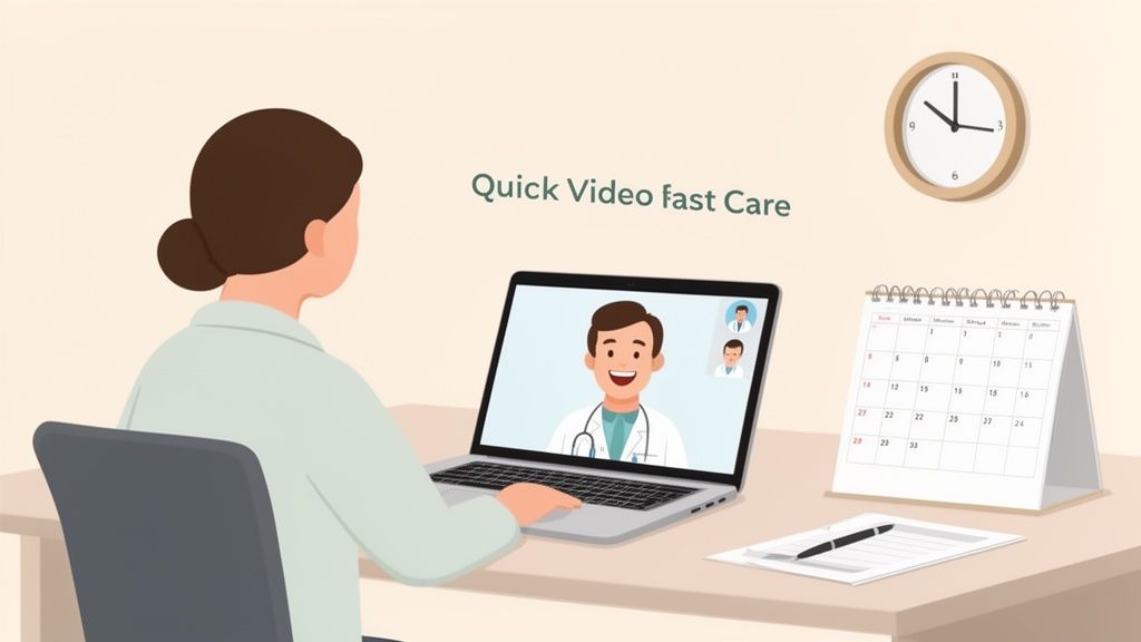 An illustration of a patient having a quick video consultation with a doctor online.