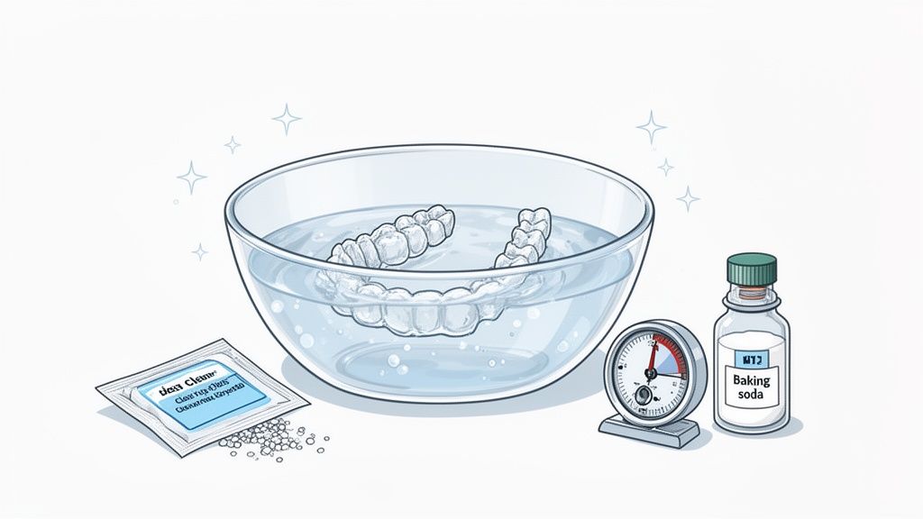 Invisalign aligners soaking in a bowl of water with cleaning solution, baking soda, and a timer.