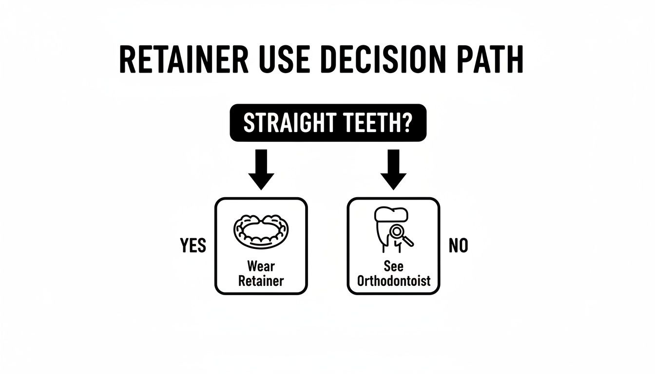 Decision path flowchart asking 'Straight Teeth?', directing to 'Wear Retainer' for yes, or 'See Orthodontist' for no.