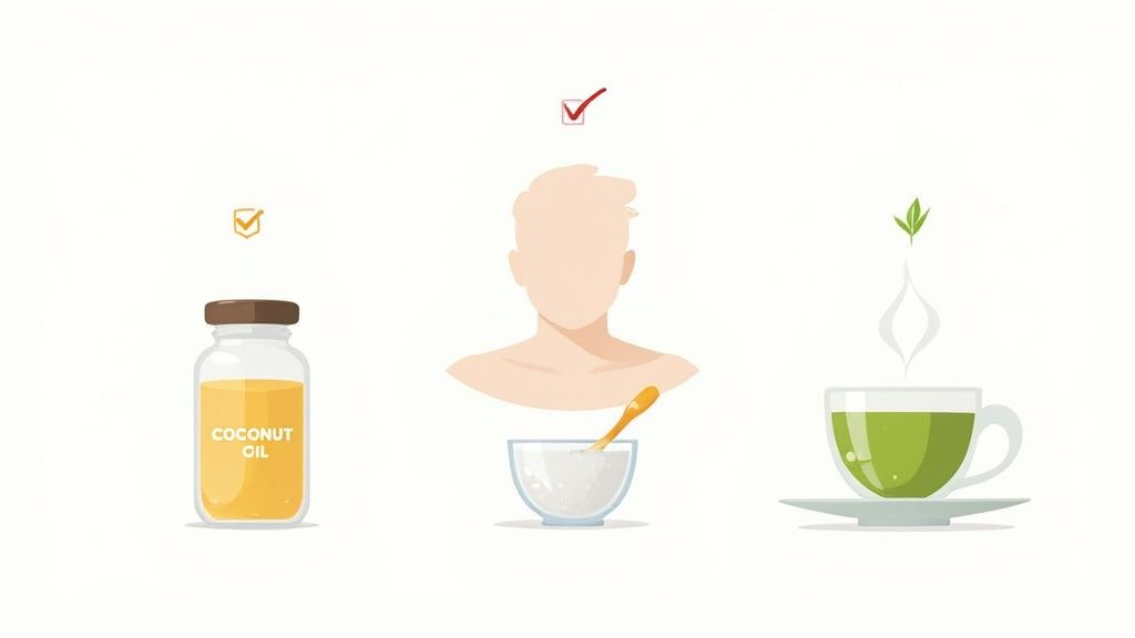 Illustration of natural remedies including coconut oil, a person applying a mask, and green tea.