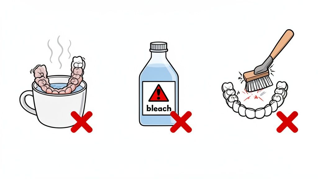 Three incorrect ways to clean dental aligners or retainers: hot water, bleach, and abrasive brushing.