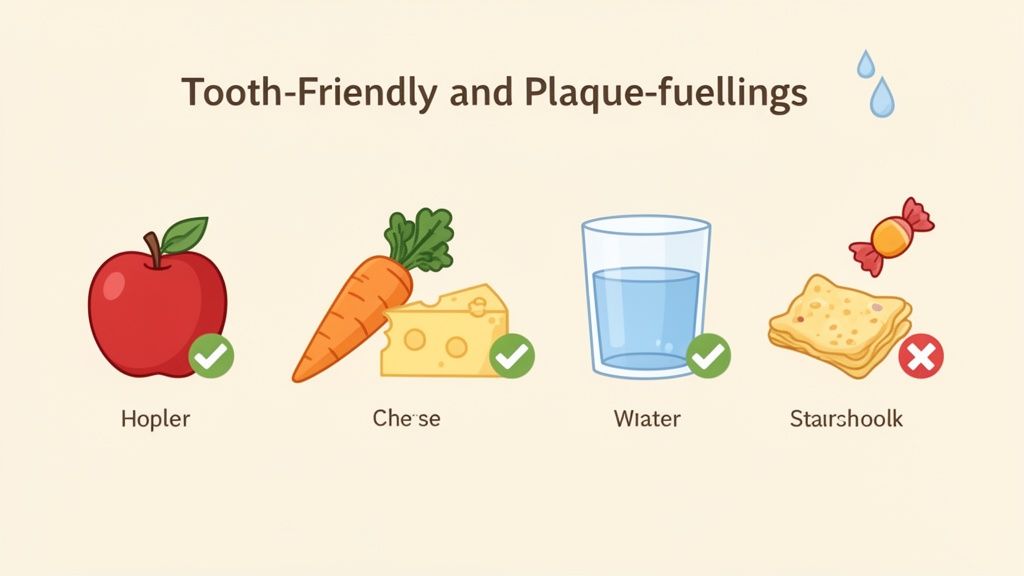 An infographic categorizing tooth-friendly foods like apple, carrot, cheese, and water versus plaque-fuelling sweets and crackers.