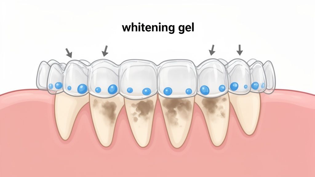 Illustration showing stained teeth wearing a clear aligner filled with whitening gel.