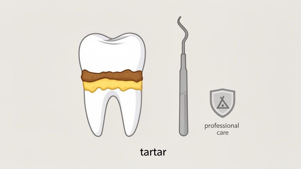 Diagram of a tooth with plaque and tartar buildup, a dental scaler, and text 'professional care'.