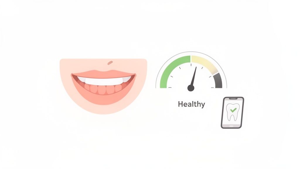 Illustration showing a healthy smile, a 'Healthy' gauge, and a smartphone confirming good oral health.