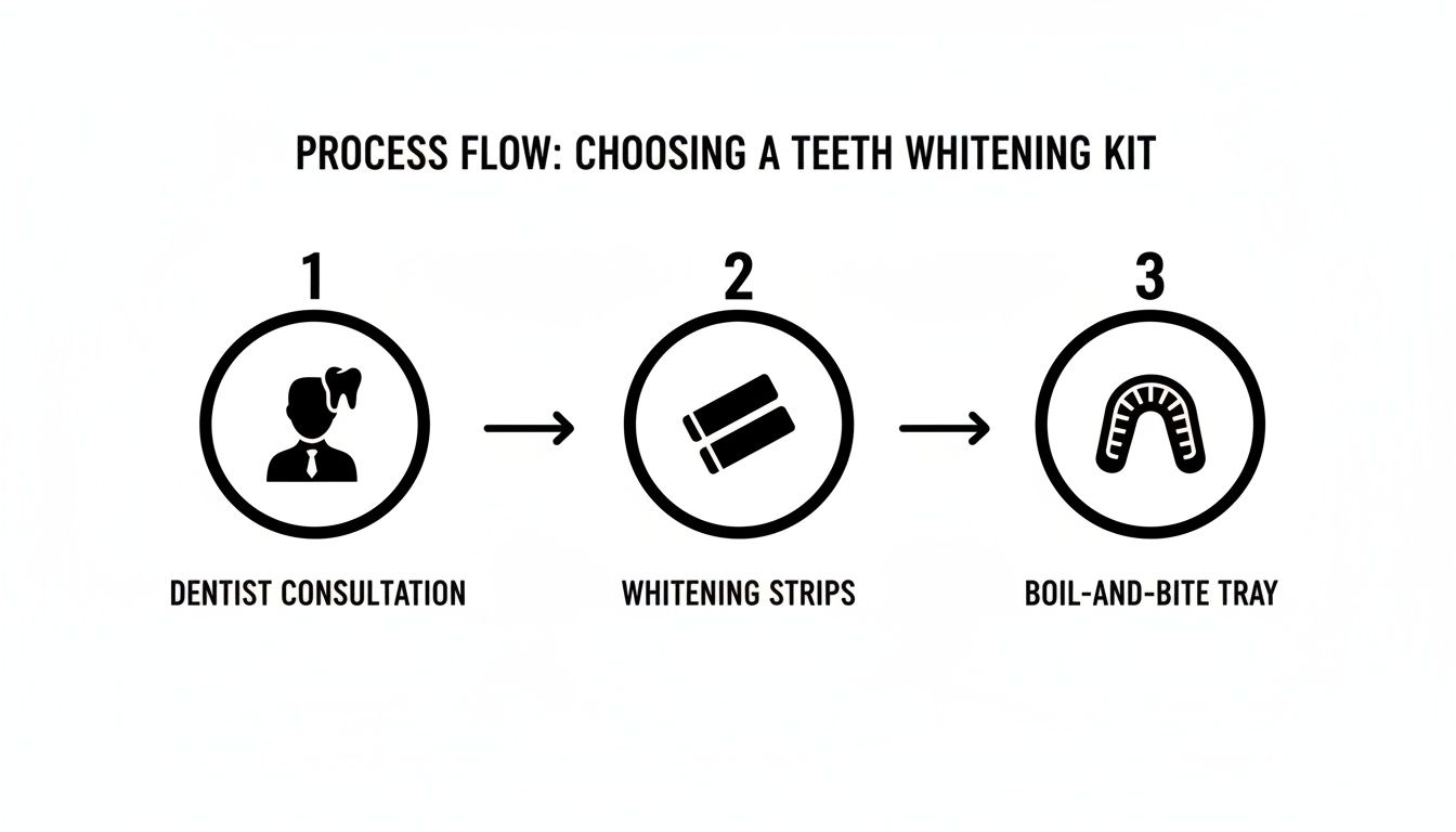 Process flow for choosing a teeth whitening kit, showing dentist consultation, whitening strips, and boil-and-bite tray.