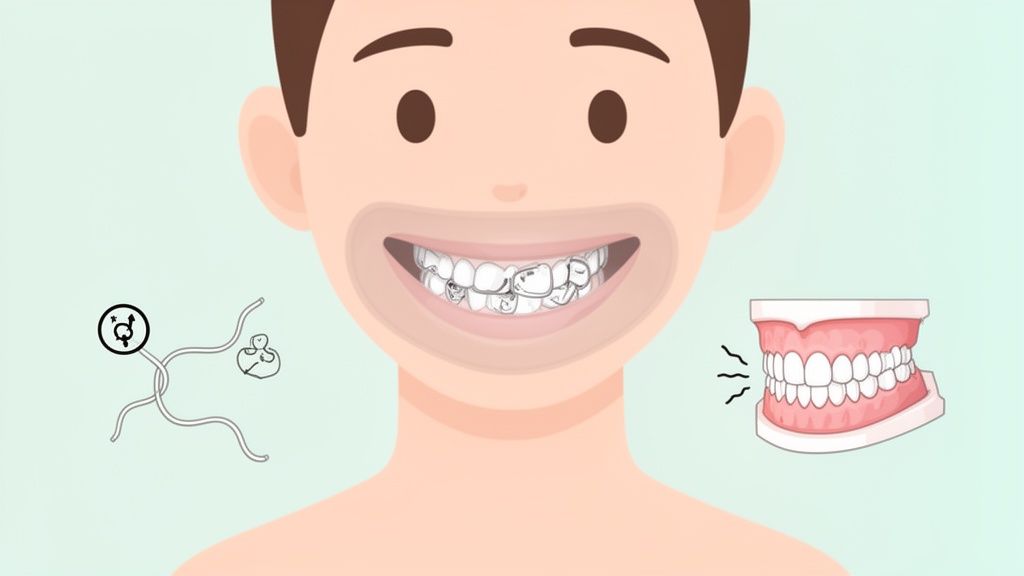 A cartoon person smiling with clear braces, alongside a dental model and medical diagram.