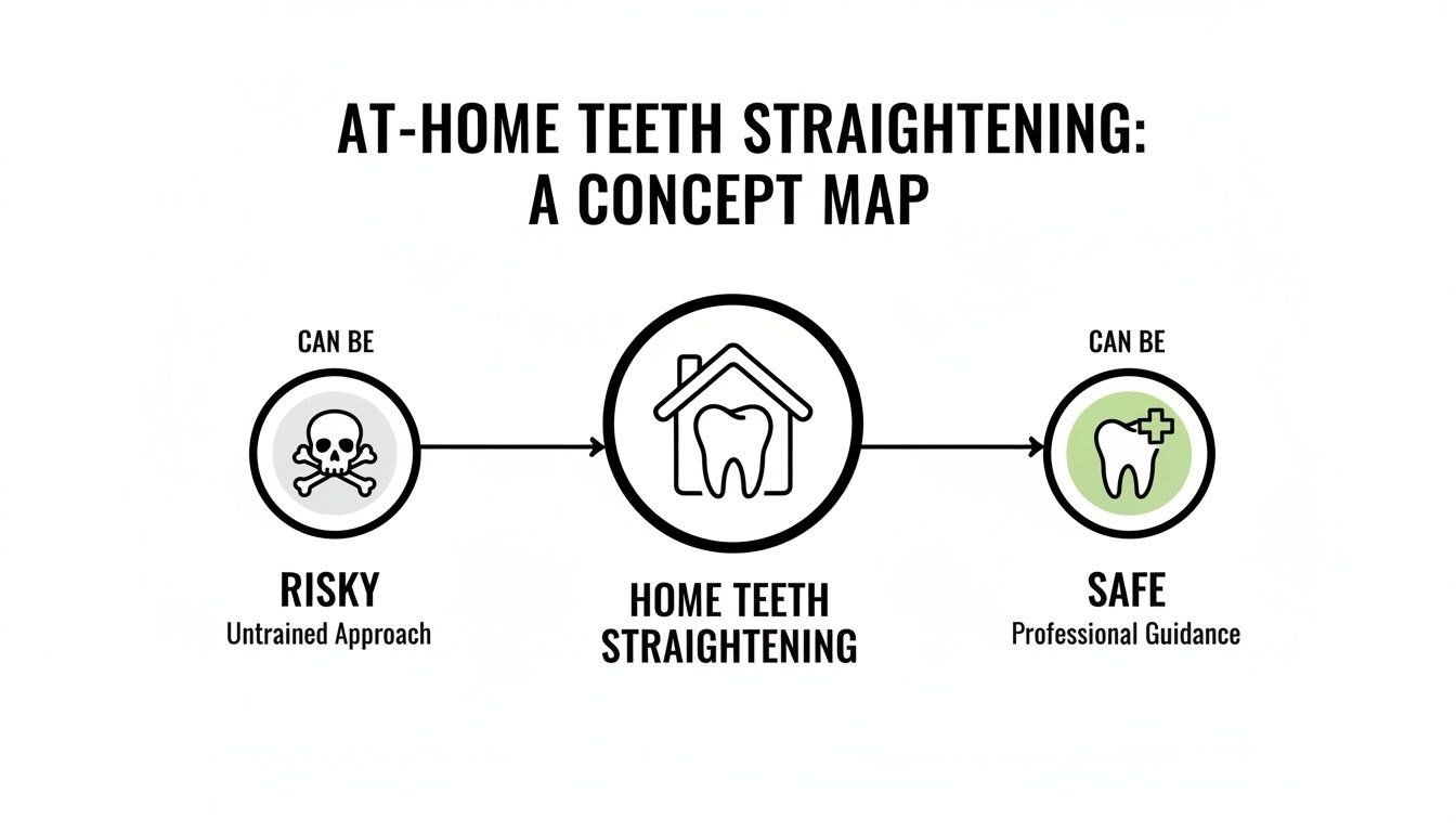 Concept map illustrating at-home teeth straightening can be risky with untrained methods or safe with professional guidance.