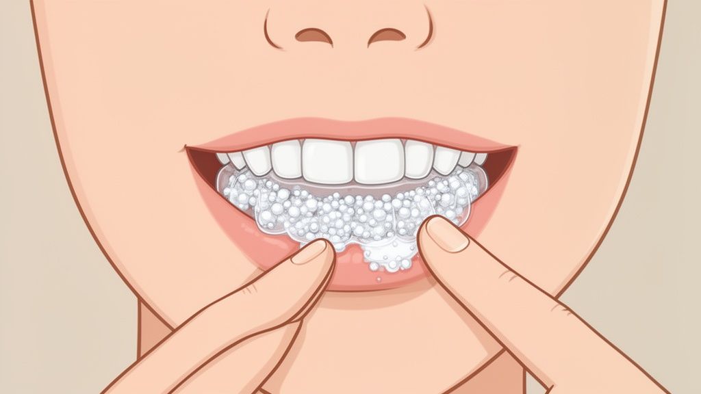Close-up of a person applying a clear dental whitening tray filled with foam to their lower teeth.