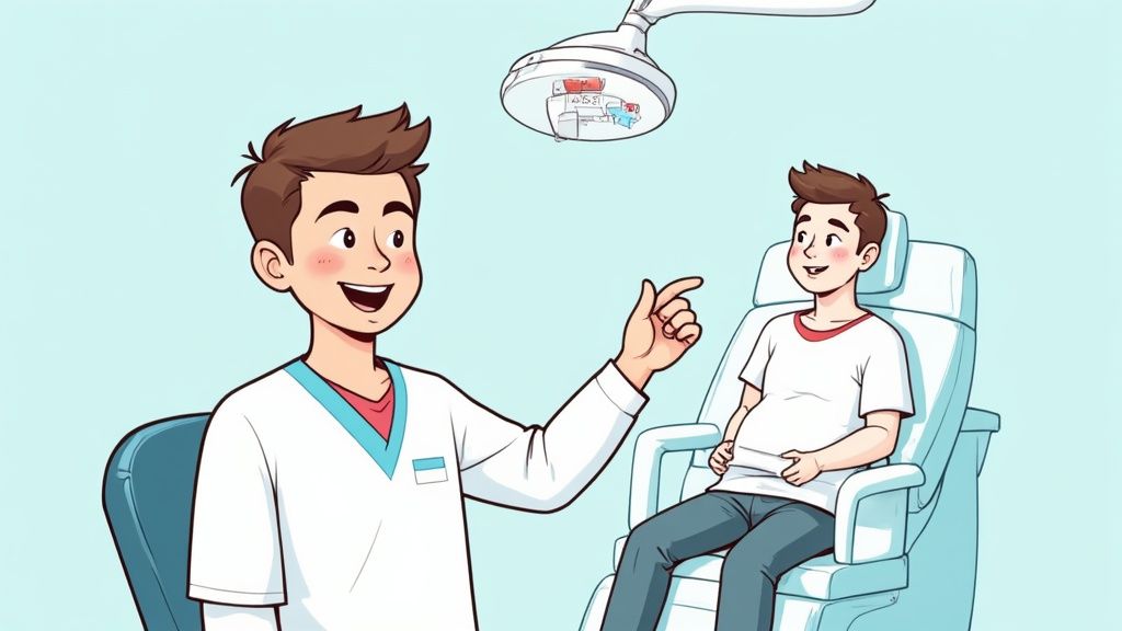 A dentist explaining a procedure to a patient in a modern, clean dental clinic.