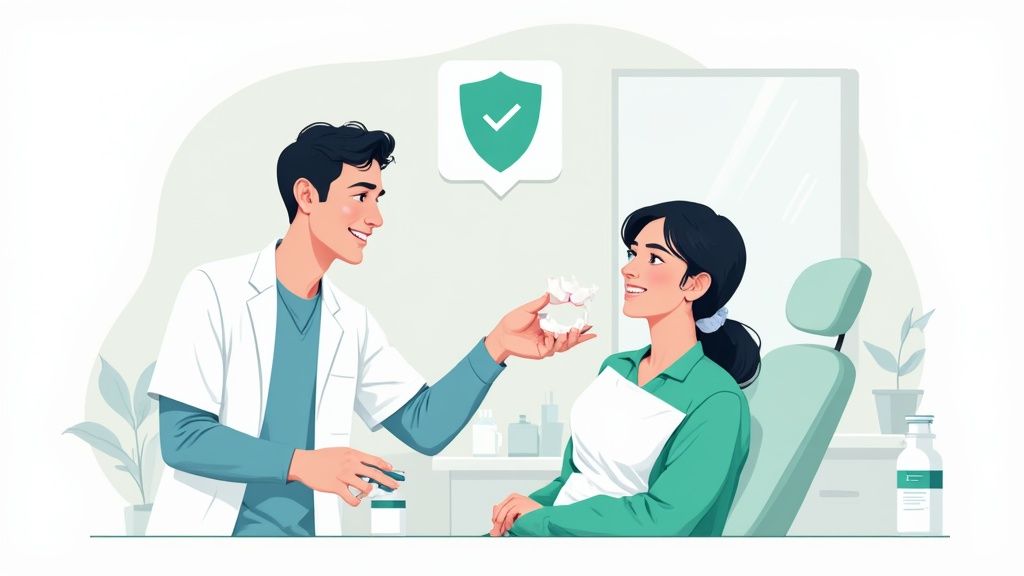 A dentist explaining teeth whitening options to a patient, showcasing professional care.