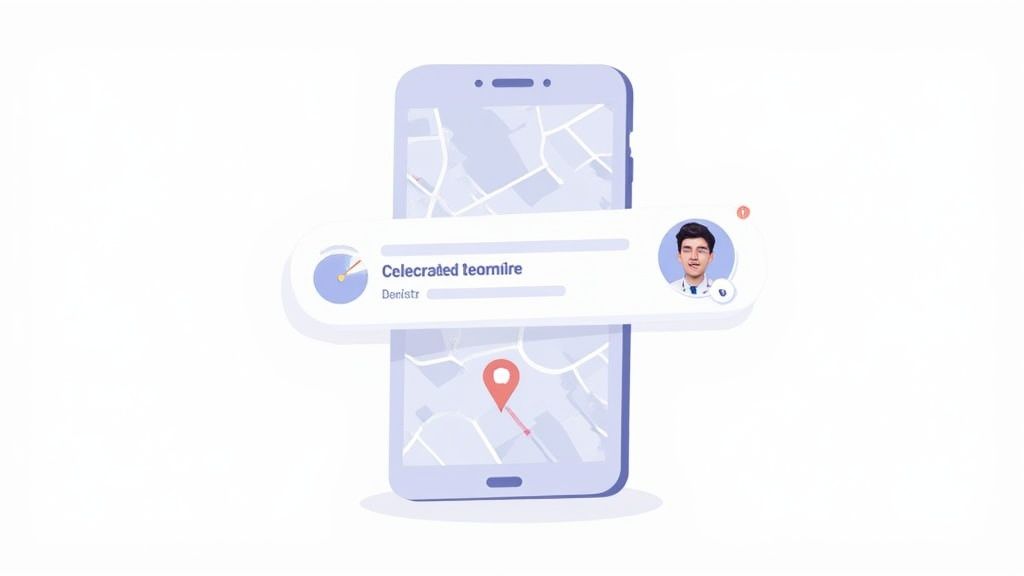 Mobile app showing a map, an appointment notification with a doctor's profile, likely for a dentist.