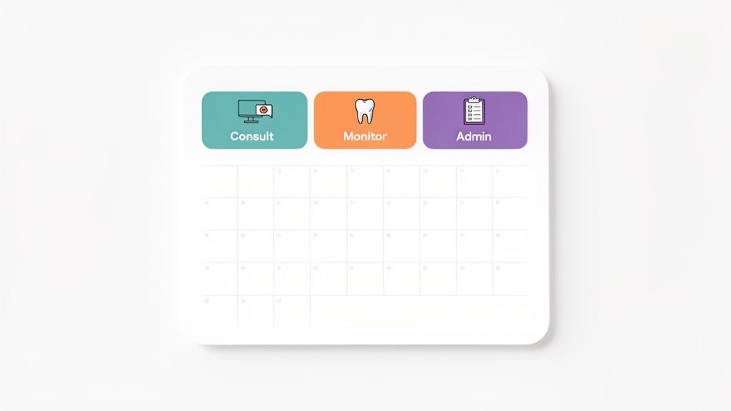 A white tablet displays a digital calendar interface with Consult, Monitor, and Admin task buttons.