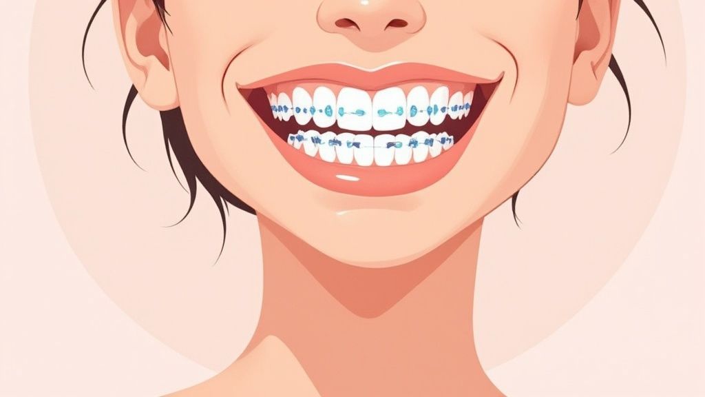 A person smiling, showing the results of orthodontic treatment.