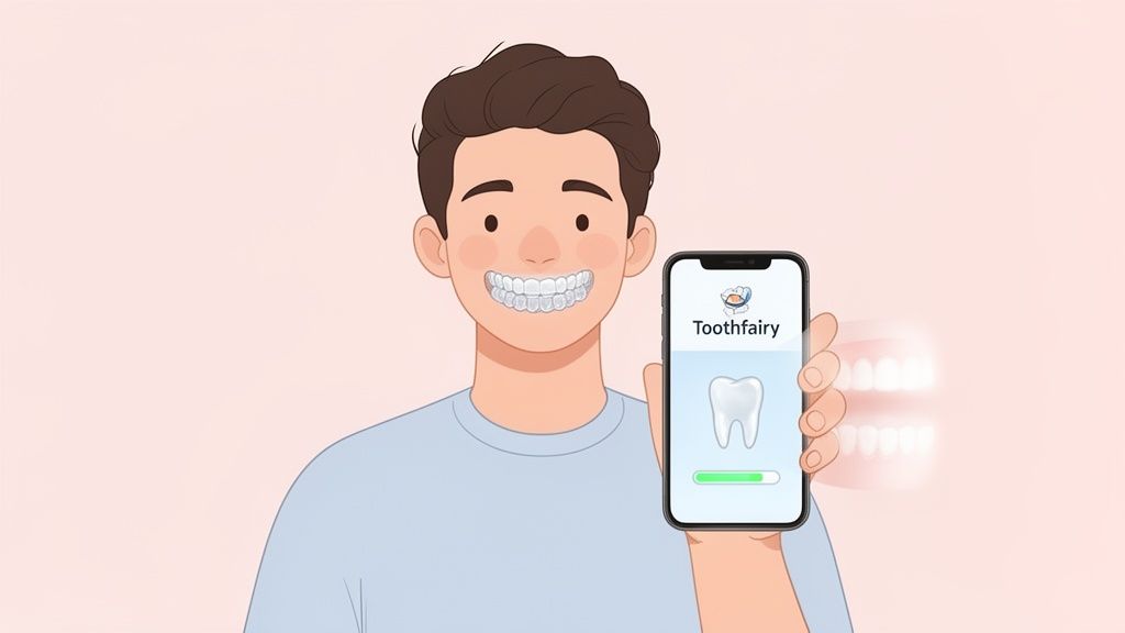 A cartoon man with clear aligners smiles, holding a smartphone displaying a 'Toothfairy' app.