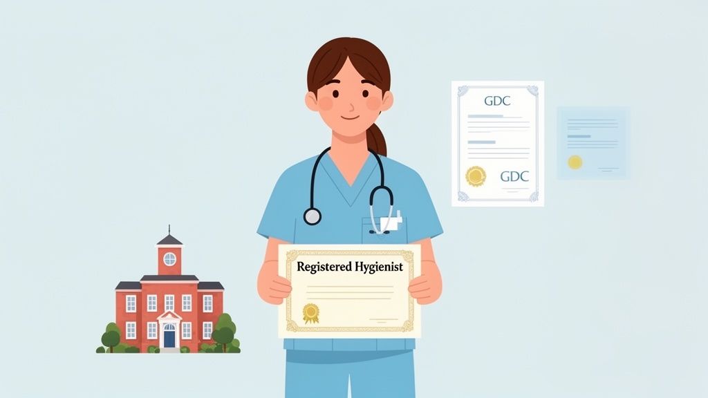 An illustration of a female dental hygienist in scrubs holding a 'Registered Hygienist' certificate, with a university and GDC certificates.