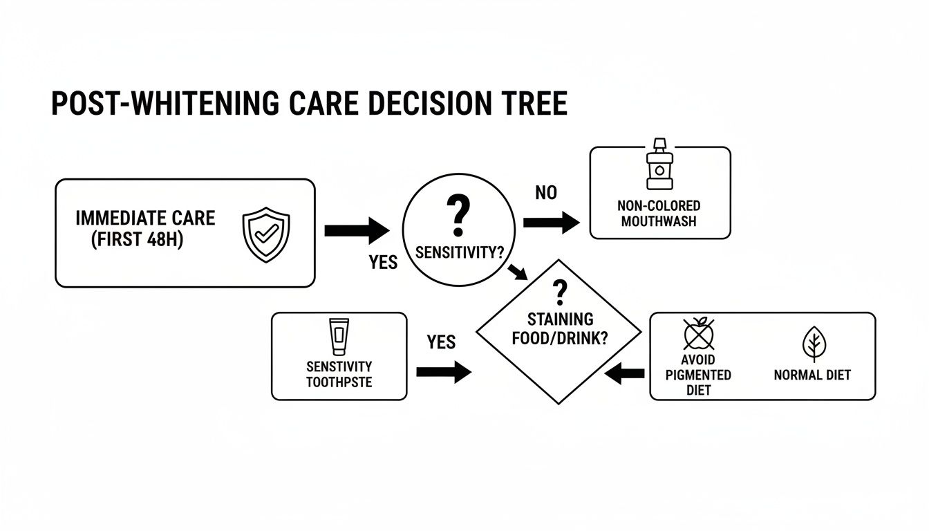 Decision tree flowchart illustrating post-whitening care, addressing sensitivity and diet recommendations.