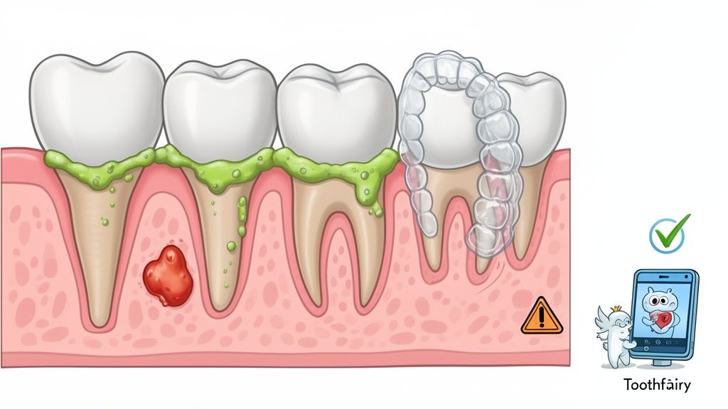 Illustration of gum disease showing plaque, swollen gums, a red abscess, and a clear aligner on teeth, next to a tooth fairy.