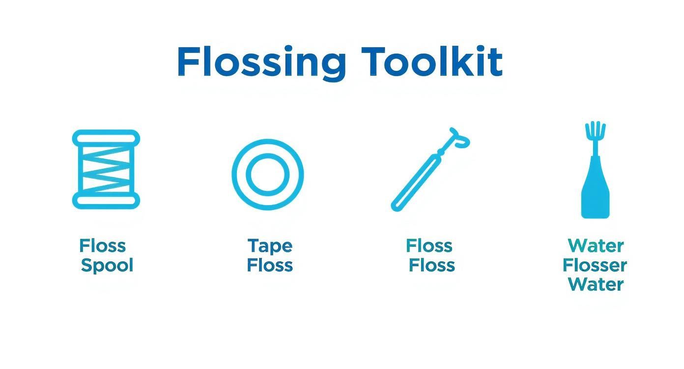 Flossing toolkit showing four types of dental floss: spool, tape, pick, and water flosser