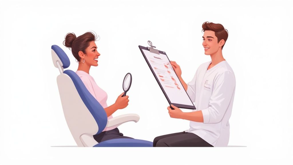 A smiling patient in a dental chair looks at a dentist holding a clipboard.