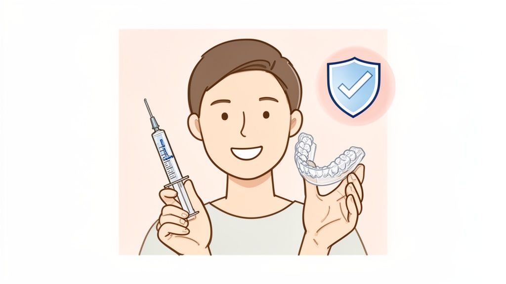 Smiling person holding a teeth whitening gel syringe and clear dental aligner with a safety icon.