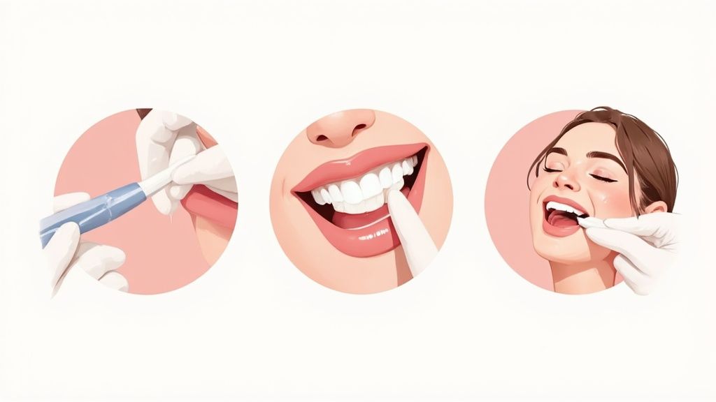 A dentist applying fluoride varnish to a patient's teeth with a small brush.